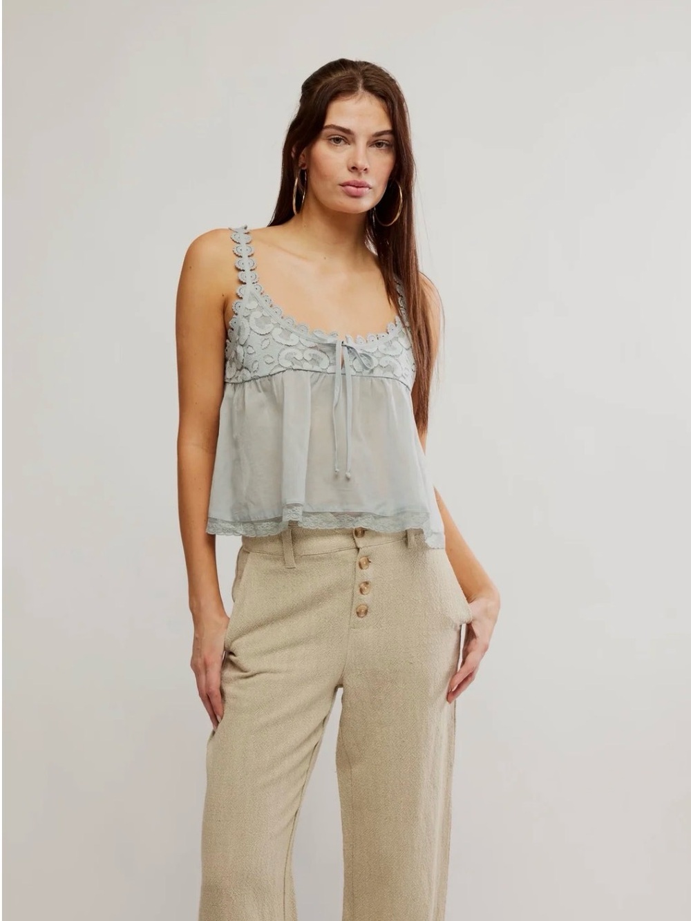 Free People Stevie Light Blue LaceTrim Tank Top Crop Top Cotton Large Boho Fairy